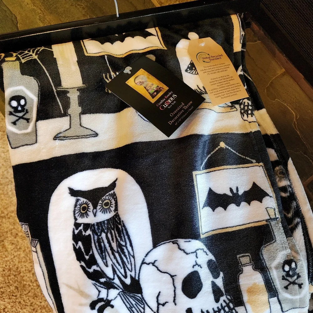 Cynthia Rowley Oversized Throw Blanket Halloween Skull, Owls, Bat, Crystal Ball